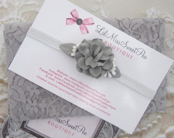 Grey stretch lace swaddle wrap AND/OR silver eladtic and grey flower headband by Lil Miss Sweet Pea