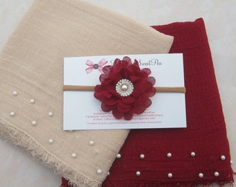 Cranberry or Tan Pearl swaddle AND/OR matching 3 inch flower headband, pearl wrap, newborn photo, swaddle set Lil Miss Sweet Pea