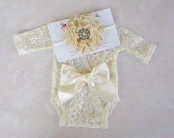 Light Ivory Lace Romper, lace, w/sleeves, unlined, AND/OR matching 4 inch floral headband, newborn set, bebe foto, Lil Miss Sweet Pea