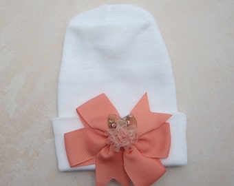 Newborn hospital hat with choice of bow color, baby shower gift, baby hat, white hat, infant beenie, by Lil Miss Sweet Pea