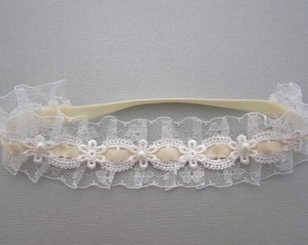 Delicate Lace Newborn Headband, Ivory Ribbon, Pearls, Soft Elastic
