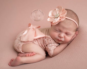 Dusty Rose Lace Romper/ with long sleeves/ unlined/ AND/OR matching 3 inch floral headband/ newborn set/ bebe foto, Lil Miss Sweet Pea