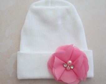 Newborn Hospital Hat: Baby White Hat, Dark Pink Flower, Latex Free