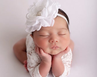 White Newborn Lace Romper, unlined w,sleeves, AND/OR 4” chiffon petal flower headband, newborn bebe foto/ Lil Miss Sweet Pea