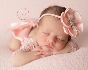 Dusty Rose Lace Romper, with long sleeves, unlined, AND/OR matching 3 inch floral headband, newborn set, bebe foto, Lil Miss Sweet Pea