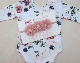 Newborn Romper, Printed Stretch Jersey, AND/OR matching triple flower headband, photoshoot, newborn photography outfit/ Lil Miss Sweet Pea