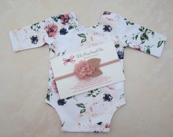 Newborn Romper, Printed Stretch Jersey, AND/OR matching single flower headband with leaves, photoshoot, newborn girl/ Lil Miss Sweet Pea