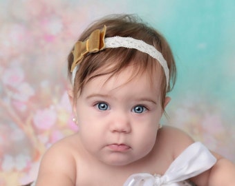 Gold and Lace Felt Bow Stretch Lace Headband for newborns and up, photoshoots, baby headband, baby shower gift, Lil Miss Sweet Pea