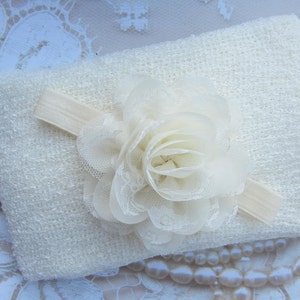 Cream Knit Wrap AND/OR Matching Cream Chiffon and Lace Flower Headband, photo shoots, newborn swaddle wrap, bebe foto, Lil Miss Sweet Pea image 2