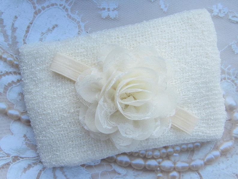 Cream Knit Wrap AND/OR Matching Cream Chiffon and Lace Flower Headband, photo shoots, newborn swaddle wrap, bebe foto, Lil Miss Sweet Pea image 2