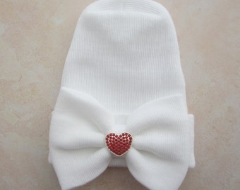 Newborn Hospital Hat, WHITE hat with a RED rhinestone heart on the fabric bow, fits newborns Lil Miss Sweet Pea Boutique