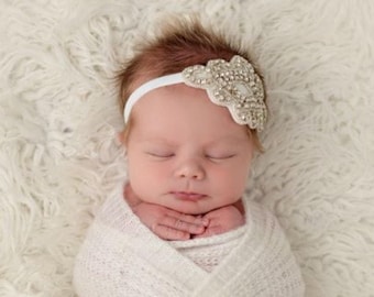 Rhinestone Applique Headband on Soft Stretch 3/8 inch Elastic. Newborn Photo Prop, baby bling, wedding, bride, by Lil Miss Sweet Pea