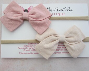 Newborn Linen Bow Set: 2 Baby Headbands, Dusty rose & Cream - 3 inch bows