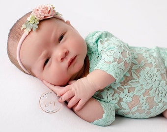 Newborn Lace Romper, mint lace with sleeves, unlined, AND/OR paper flower headband, photographer choice/ bebe foto, Lil Miss Sweet Pea