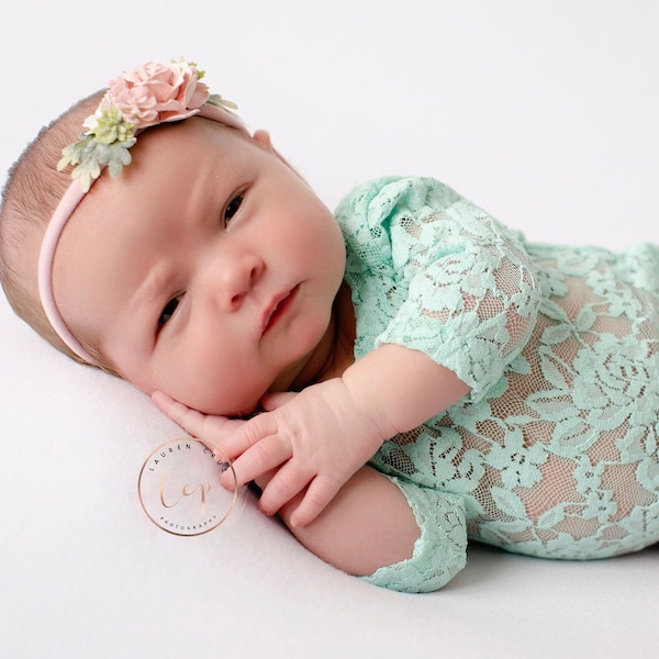 Newborn Lace Romper, mint lace with sleeves, unlined, AND/OR paper flower headband, photographer choice/ bebe foto, Lil Miss Sweet Pea