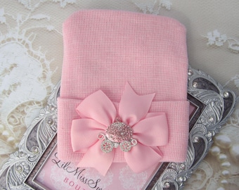 Newborn Hospital Hat, pink with a pink with a silver carriage rhinestone button, baby hat, from Lil Miss Sweet Pea Boutique