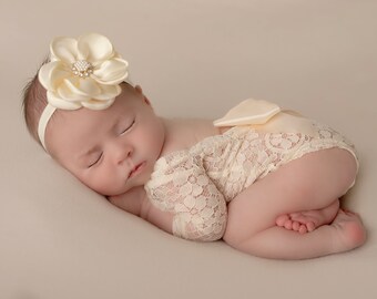 Newborn Lace Romper, unlined, in light Ivory AND/OR flower headband, Optional back bow on romper,  Lil Miss Sweet Pea