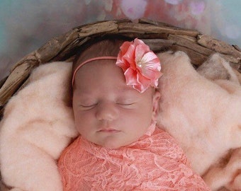 Peach Flower Headband, 2.75 inch flower, photo shoots, newborn swaddle wrapwrap, bebe foto, satin flower, Lil Miss Sweet Pea