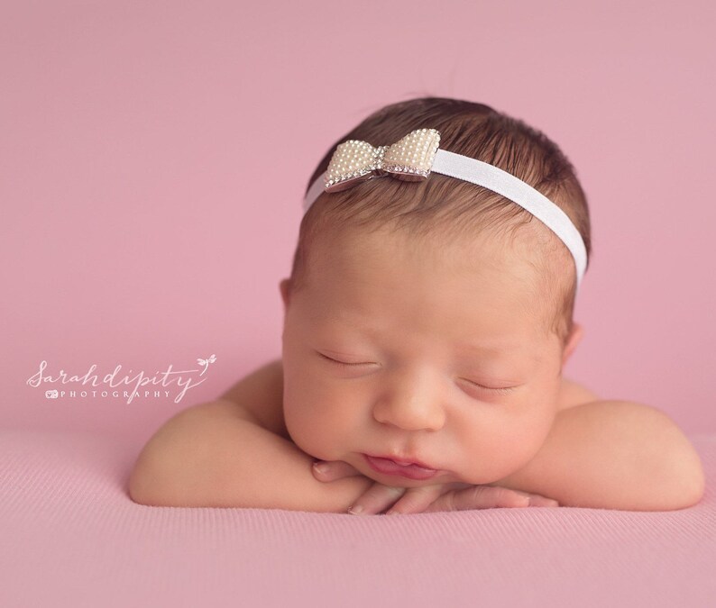 Pearl & Rhinestone Bow Headband for newborns, foto bebe, perfect for photoshoots, baby bling, newborn headband, Lil Miss Sweet Pea image 1