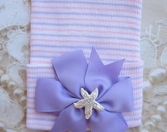 Lavender, Pink and White Newborn Hospital Hat, with pinwheel bow and starfish center, beenie, infant, baby hat, Lil Miss Sweet Pea Boutique