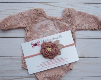 Dusty Rose Lace Romper/ bebe/ unlined/ AND/OR flower headband/ bebe foto/ Lil Miss Sweet Pea