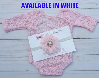 Newborn Lace Romper in Pink or White AND/OR Pink Petal Flower Headband, low back, couture romper, photoshoot, bebe foto/ Lil Miss Sweet Pea