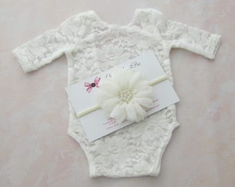 Off white stretch lace romper AND/OR matching headband, newborn photography, unlined, fits newborns 5.5-9 pounds, by Lil Miss Sweet Pea