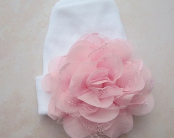 Newborn Hospital Hat, white with 4 inch pink lace and chiffon flower, baby hat, infant hat, shower gift, Lil Miss Sweet Pea