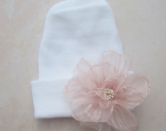 Newborn Hospital Hat, white with 3 inch sheer pink chiffon flower, baby hat, infant, shower gift, Lil Miss Sweet Pea