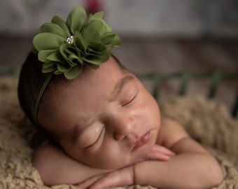 Olive green 3 inch petal flower with gorgeous  rhinestone center on 1,8 inch soft stretch elastic by Lil Miss Sweet Pea