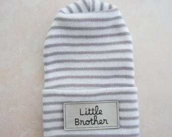 PREEMIE Lil Brother Newborn Hospital Hat: Gray Stripe - Brushed Silver Faux Leather Appliqué Beanie