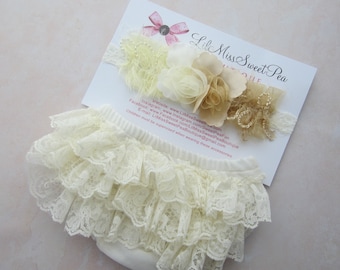 Ivory lace diaper cover,bloomers for newborns AND/OR Couture Flower Headband, for newborn photos, bebe bandeau, Lil Miss Sweet Pea