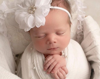 Newborn Swaddle Wrap, Off White Muslin Pearl AND/OR matching 3.75" floral headband, newborn swaddle for photos, by Lil Miss Sweet Pea