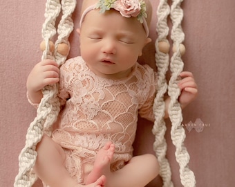 Pink Champagne sheer lace romper with long sleeves, newborn size, AND/OR paper flower headband, Lil Miss Sweet Pea