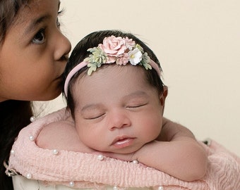 Blush Muslin Pearl Adorned Swaddle Wraps or Layering for Newborn Photos AND/OR Matching Paper Flower Headband bebe, Lil Miss Sweet Pea
