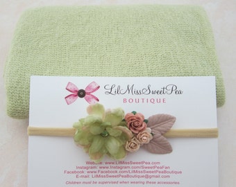 Light Green Photo Prop Wrap, Knit Soft Stretch Swaddle, AND/OR Matching Flower Headband for Photography Prop, by Lil Miss Sweet Pea