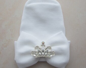 Princess Crown Newborn Hospital Hat, white, large bow and a silver rhinestone crown, baby hat girl, lil miss sweet pea, infant beanie, gift