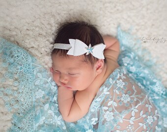 Lace Fringe Wrap in Turquoise AND/OR White Glitter Starfish Bow headband, newborn photo shoots, newborn wrap set, by Lil Miss Sweet Pea