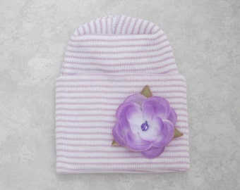 PREEMIE - Newborn Lavender & White Stripe hospital hat with lavender flower, latex free fabric for hospitals, double ply, Lil Miss Sweet Pea