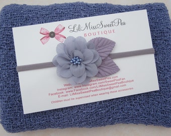 Blueberry stretch wrap AND/OR Chiffon Flower Headband (1 - 2 inch flower with leaves), purple, newborn photo set, by Lil Miss Sweet Pea