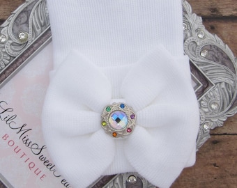 Newborn Hospital Hat, with a rainbow button, baby hat, baby shower gift, new baby girl cap, from Lil Miss Sweet Pea Boutique