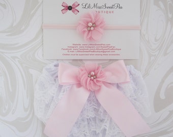 Newborn White Diaper Cover, with lace ruffles, a pink satin bow, and baby pink flower on the butt AND/OR headband, Lil Miss Sweet Pea