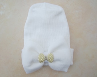 Newborn Hospital Hat, white with fabric bow and rhinestone pearl bow, infant hat, baby hat, from Lil Miss Sweet Pea