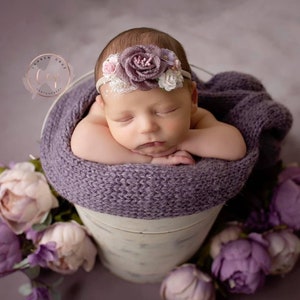 Couture headband, PLUM or SAGE, for newborn or older girls photos, fabric and paper flowers, by Lil Miss Sweet Pea image 5