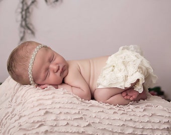 Newborn Ivory Lace Diaper Cover , Bloomer AND/OR Handbeaded Headband, by Lil Miss Sweet Pea