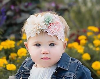 Peach, Ivory & Sage Cluster Flower Headband on 2 Inch Ivory Stretch Lace, photographer, newborn photo shoots by Lil Miss Sweet Pea