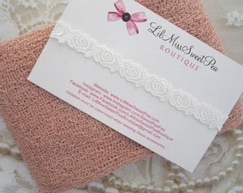 Blush Stretch Knit Wrap AND/OR White Embroidered Rose Trim Headband, baby photo shoot, muted colors, photographer, by Lil Miss Sweet Pea 51