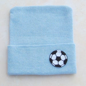 BOYS Soccer Newborn Hospital Hat, in white  or blue, baseball beanie, infant beenie, take home hat, boys sports, by Lil Miss Sweet Pea