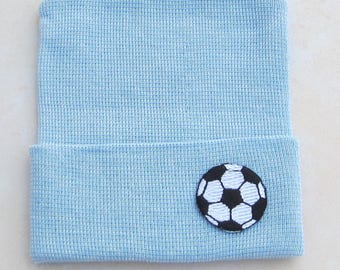 BOYS Soccer Newborn Hospital Hat, in white  or blue, baseball beanie, infant beenie, take home hat, boys sports, by Lil Miss Sweet Pea