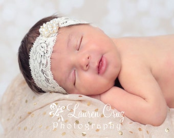 WIDE LACE HEADBAND, 1.5 inch stretch lace with pearl rhinestone decoration for baby to adults by Lil Miss Sweet Pea